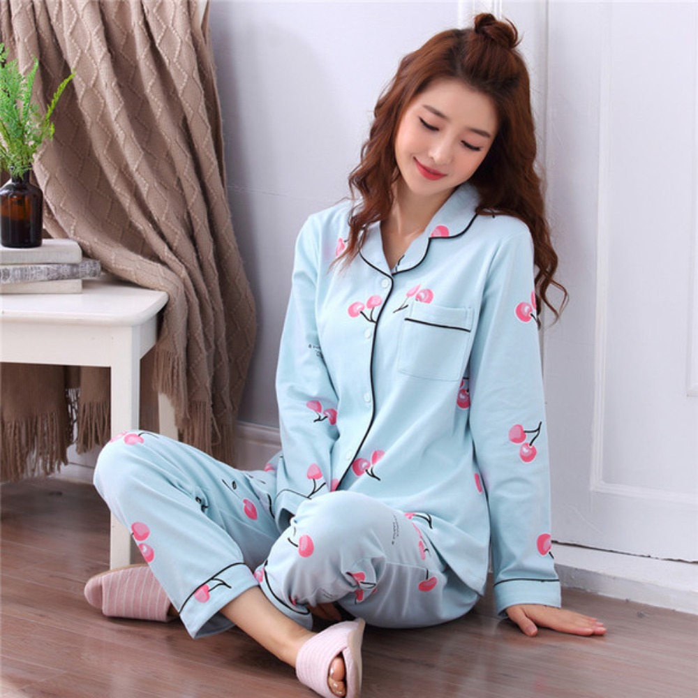 Maternity Wear - 긴팔 여성용 투피스 잠옷 루즈핏 면