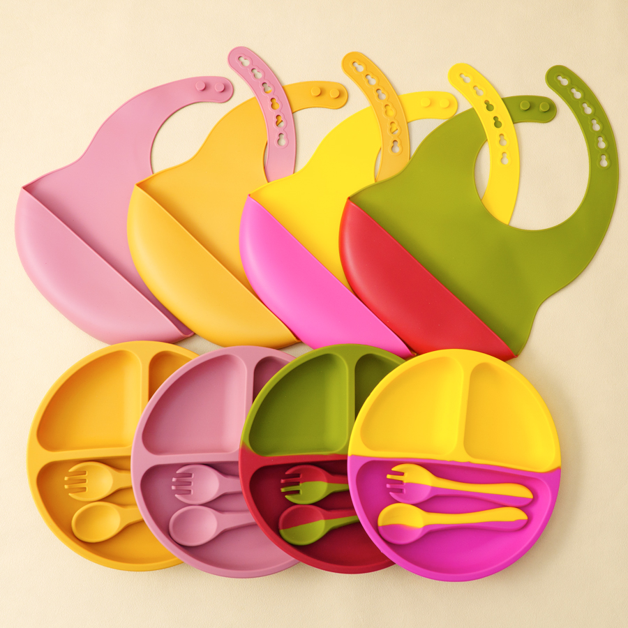 아기용 실리콘 식기 세트, 대비 색상 식사 세트, 흡착 - Waterproof Baby Bibs Silicone 리뷰 및 가격